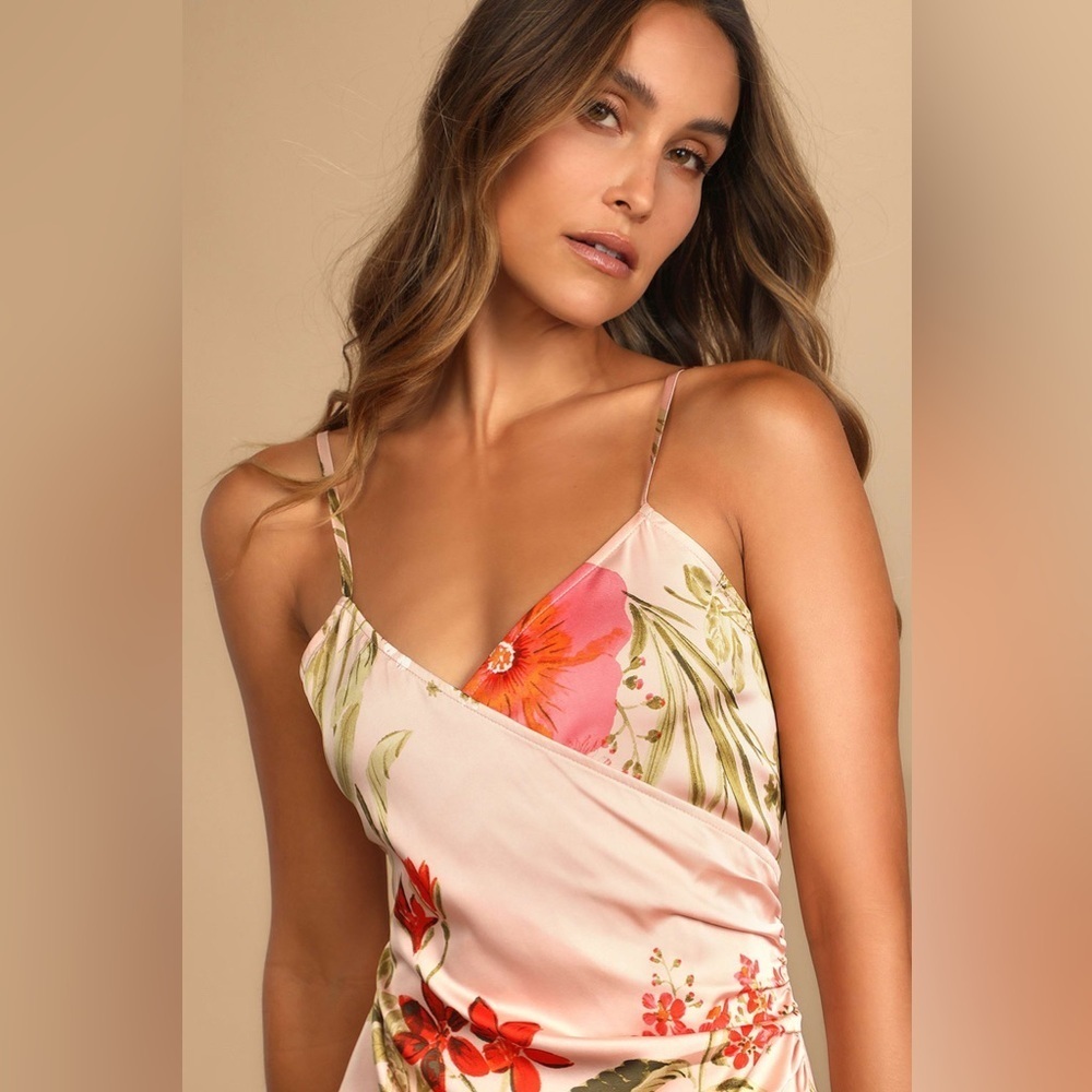 Lulu's Pink Floral Midi Slip Dress with Orange & Green Accents - Picture 4 of 9